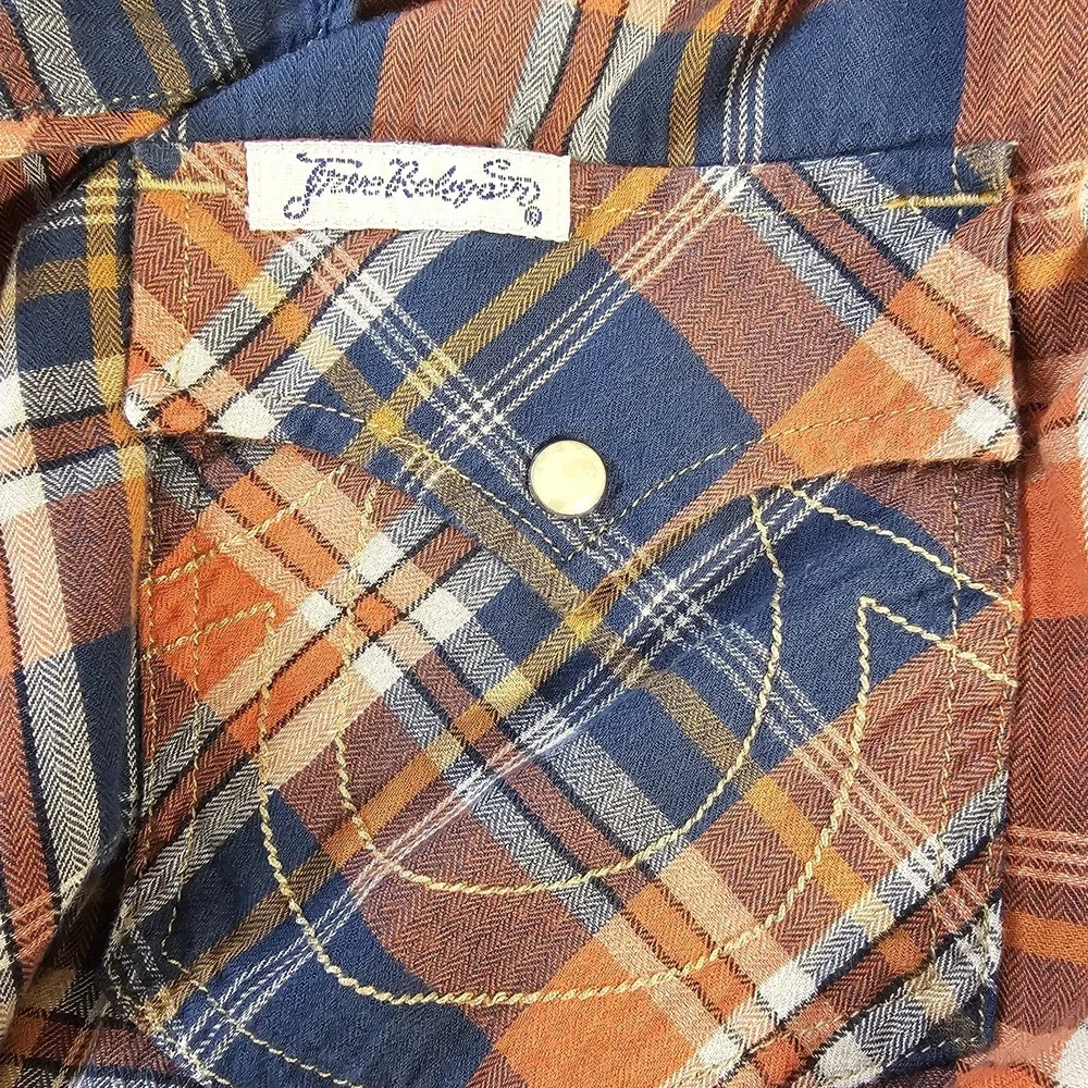 True Religion Mens Large Plaid Western Snap Button Cowboy Shirt Navy Orange EUC